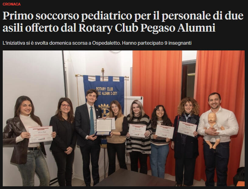 Primo soccorso pediatrico per il personale di due asili offerto dal Rotary Club Pegaso Alumni Primo soccorso pediatrico per il personale di due asili offerto dal Rotary Club Pegaso Alumni